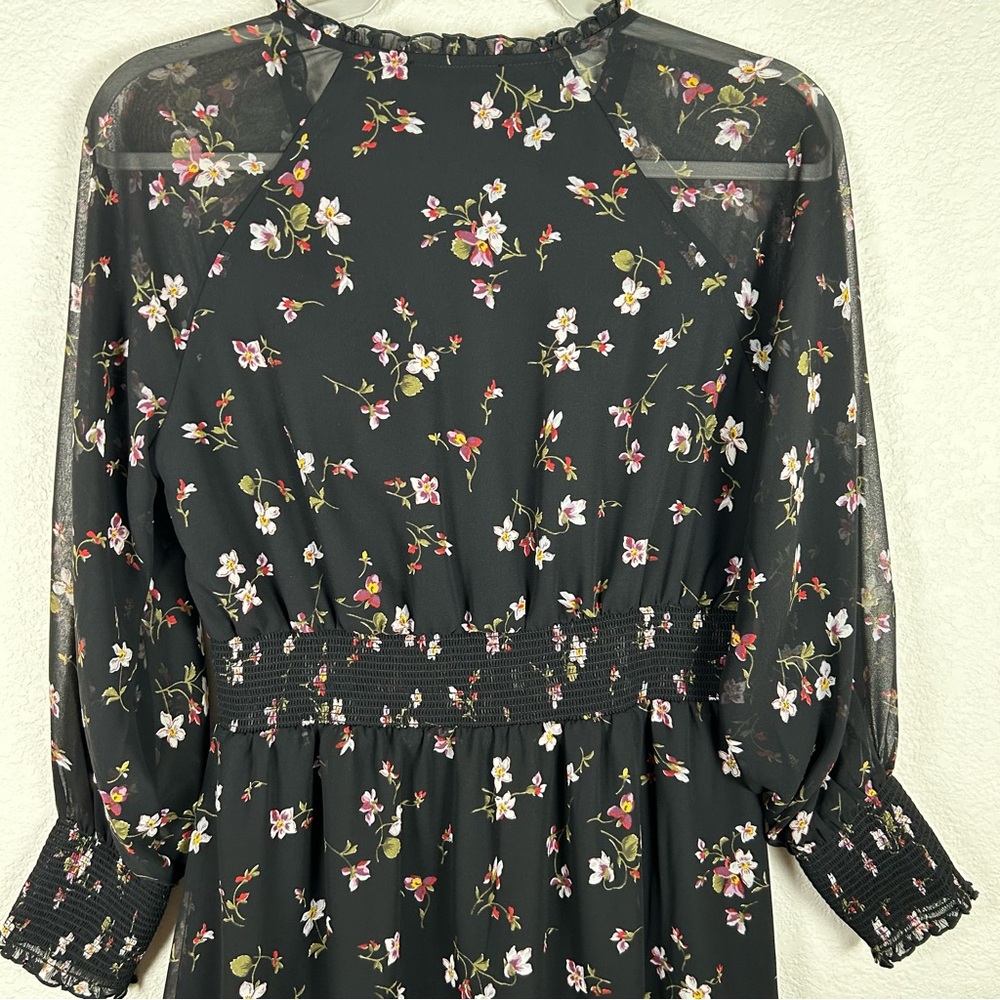 Madewell SP peasant faux wrap, v-neck, midi dress w/waist smocking and cuffs, - Picture 4 of 10